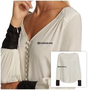 #T141 Cinq à Sept Francis Silk Blouse Faux Leather Cuff Button Ivory/Black $325